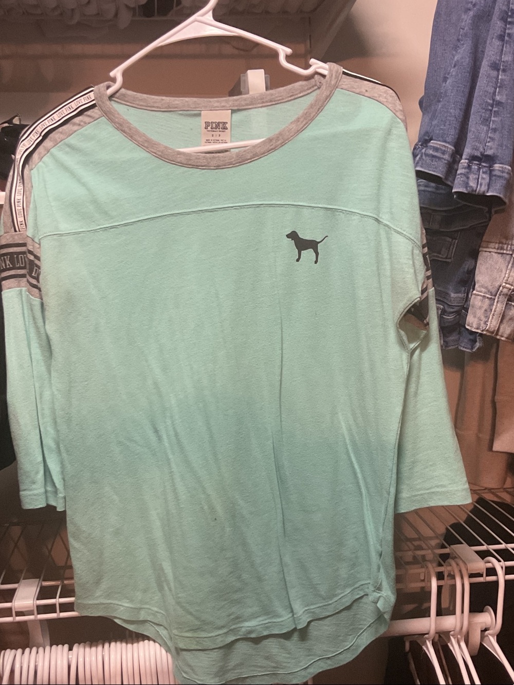 PINK Victoria's Secret Mint Green Long Sleeve Tee with Gray Trim